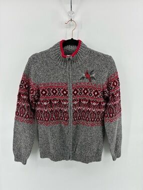 Gray and Red Patterned Zip-Up Women’s Metallic Patterned Knit Sweater Cardinal